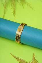 Load image into Gallery viewer, 1 Gram Gold Plated 3 Line Sun Motif Rudraksha & Black Bead Bracelet for Men