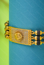 Load image into Gallery viewer, 1 Gram Gold Plated 3 Line Sun Motif Rudraksha & Black Bead Bracelet for Men