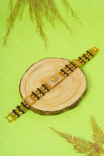 Load image into Gallery viewer, 1 Gram Gold Plated 3 Line Sun Motif Rudraksha & Black Bead Bracelet for Men