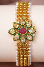 Load image into Gallery viewer, 1 Gram Gold Plated Kundan Floral Broad Bracelet with Pearl Lining