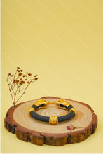 Load image into Gallery viewer, 1 Gram Gold Plated Lion Face Black Leather Kada for Men