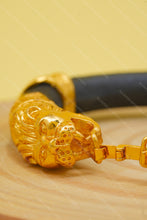 Load image into Gallery viewer, 1 Gram Gold Plated Lion Face Black Leather Kada for Men
