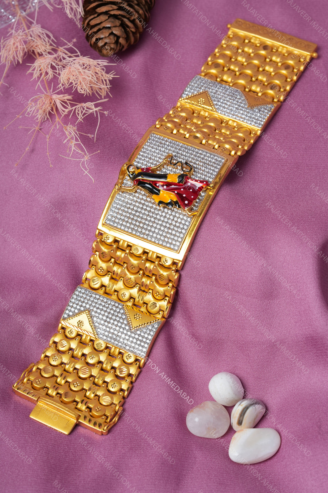 1 Gram Gold Plated Mogal Maa Rajwadi CZ Diamond Bracelet for Men