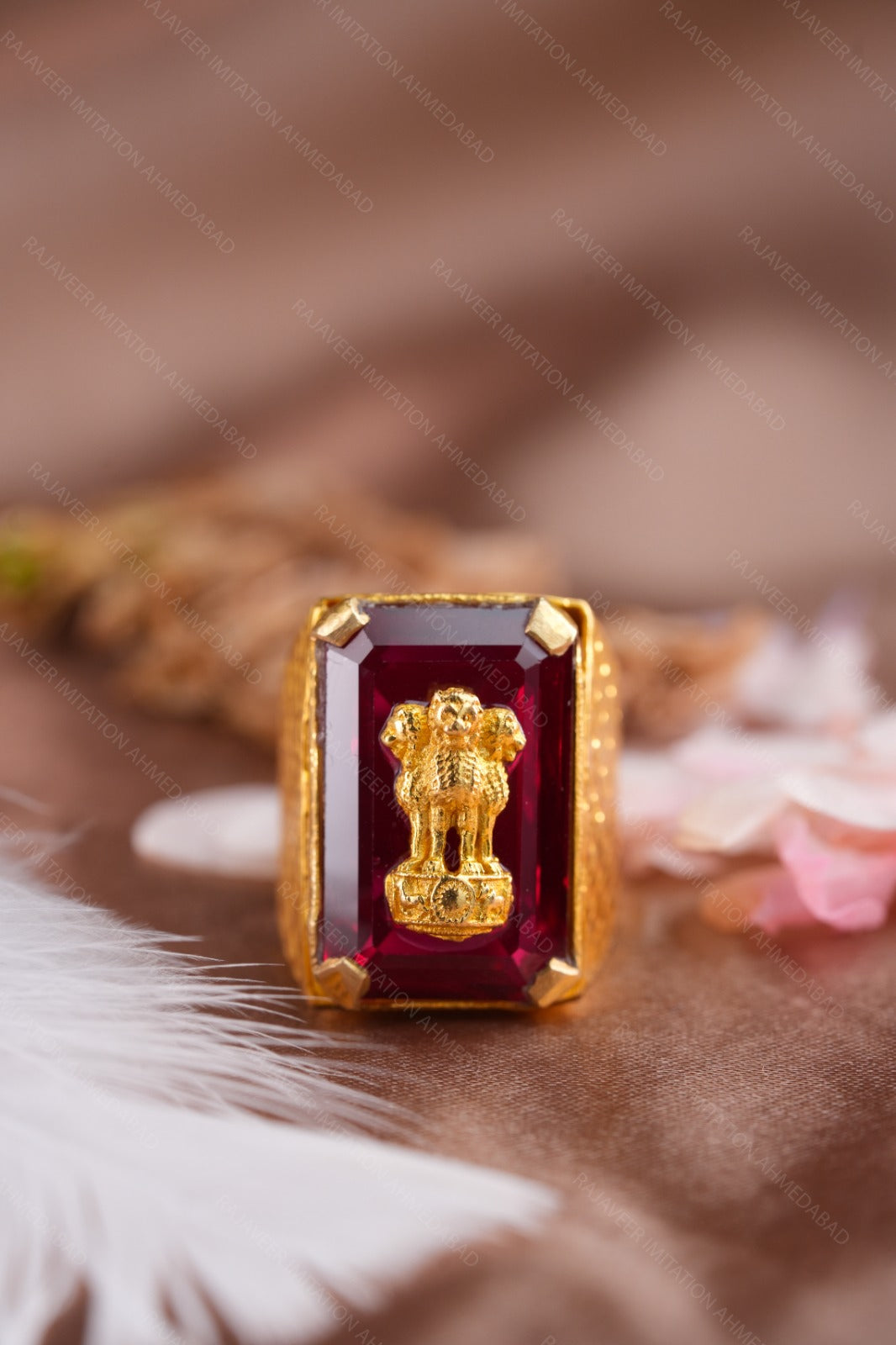 1 Gram Gold Plated Ashoka Pillar with Red Stone Ring for Men – RajaVeer
